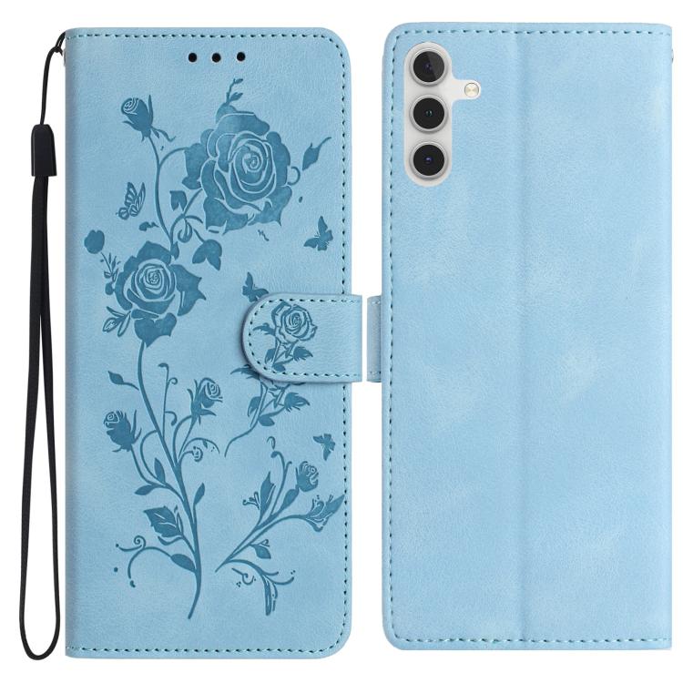 Funda de piel con estampado floral en relieve para Samsung Galaxy A15 (azul cielo)