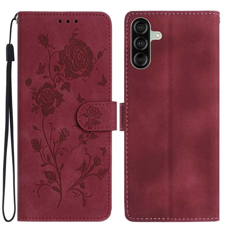 Funda de cuero con estampado de rosas en relieve para Samsung Galaxy A17 (roja)