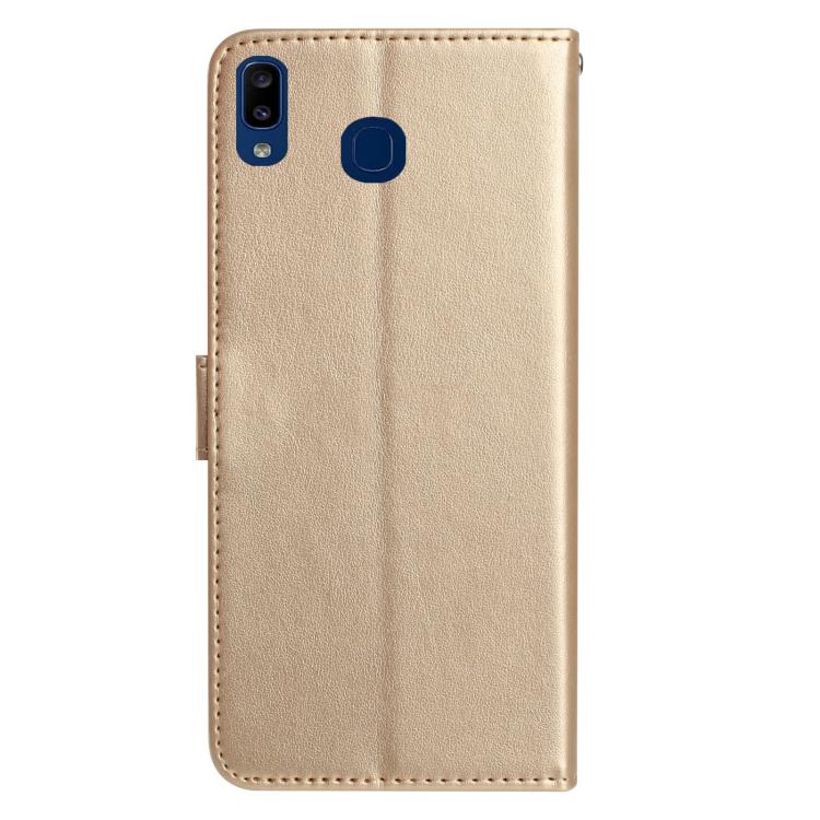 Funda de cuero con estampado de rosas en relieve para Samsung Galaxy A20/A30 (dorada)