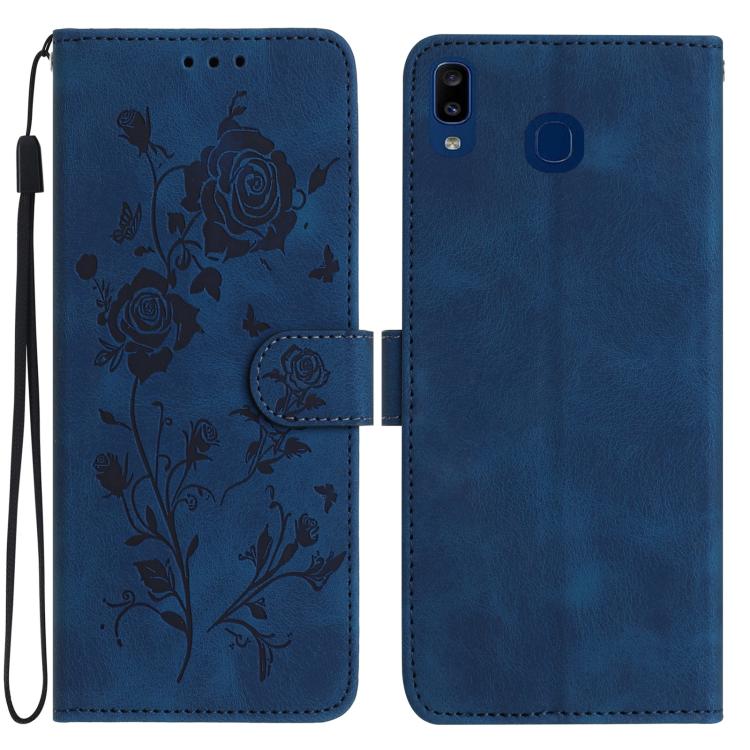 Funda de piel con estampado de rosas en relieve para Samsung Galaxy A20/A30 (azul oscuro)