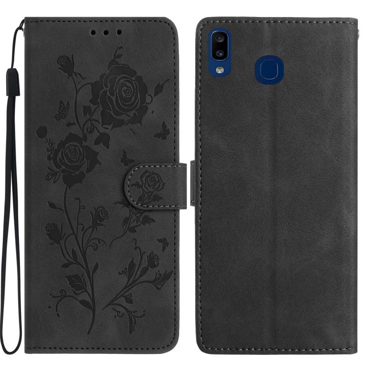 Funda de cuero con estampado de rosas en relieve para Samsung Galaxy A20/A30 (negra)