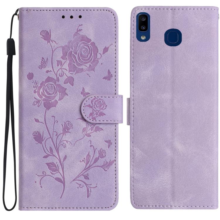Funda de cuero con estampado de rosas en relieve para Samsung Galaxy A20/A30 (morado claro)