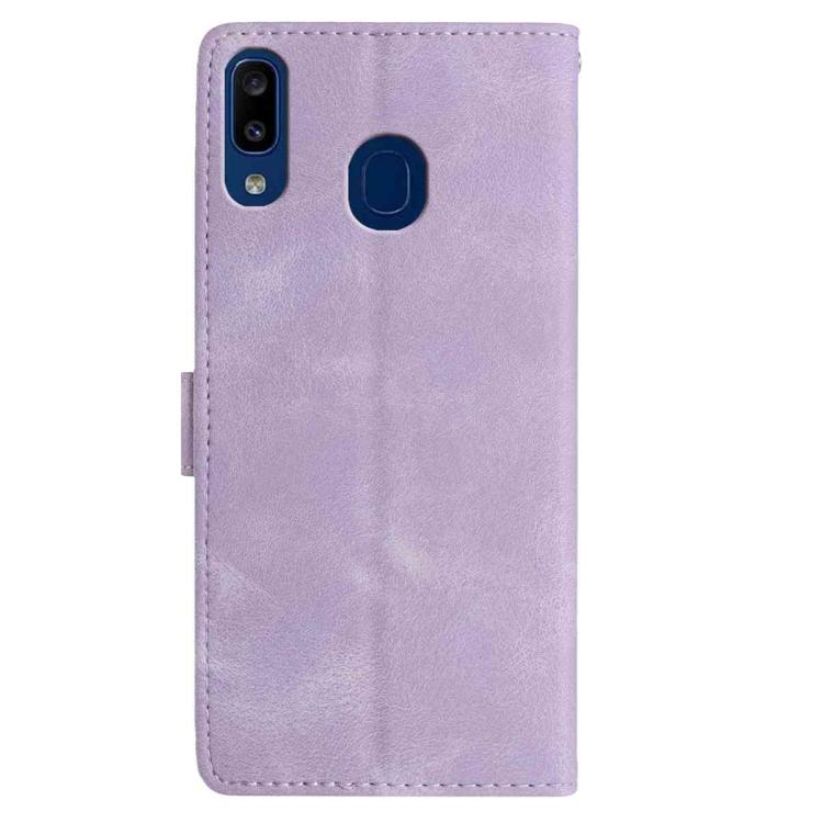 Funda de cuero con estampado de rosas en relieve para Samsung Galaxy A20/A30 (morado claro)