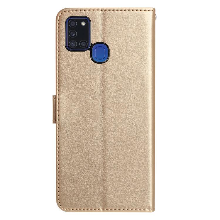 Funda de cuero con estampado de rosas en relieve para Samsung Galaxy A21S (dorada)