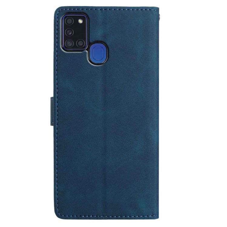 Funda de piel con estampado floral en relieve para Samsung Galaxy A21S (azul oscuro)
