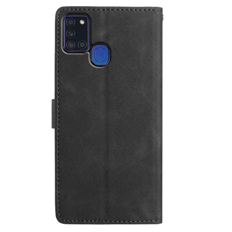 Funda de cuero con estampado de rosas en relieve para Samsung Galaxy A21S (negra)