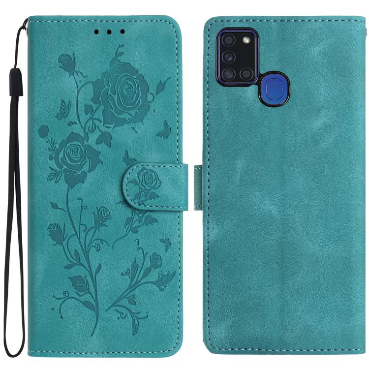 Funda de piel con estampado de rosas en relieve para Samsung Galaxy A21S (verde)