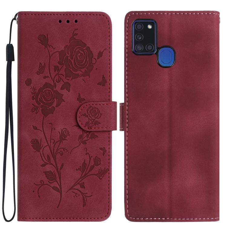 Funda de cuero con estampado de rosas en relieve para Samsung Galaxy A21S (roja)