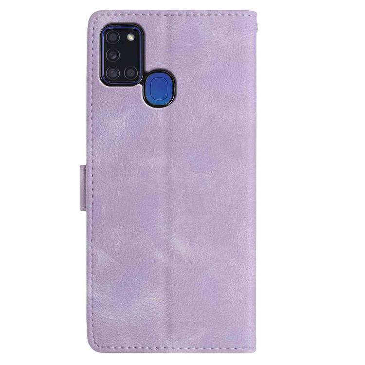 Funda de piel con estampado de rosas en relieve para Samsung Galaxy A21S (morado claro)