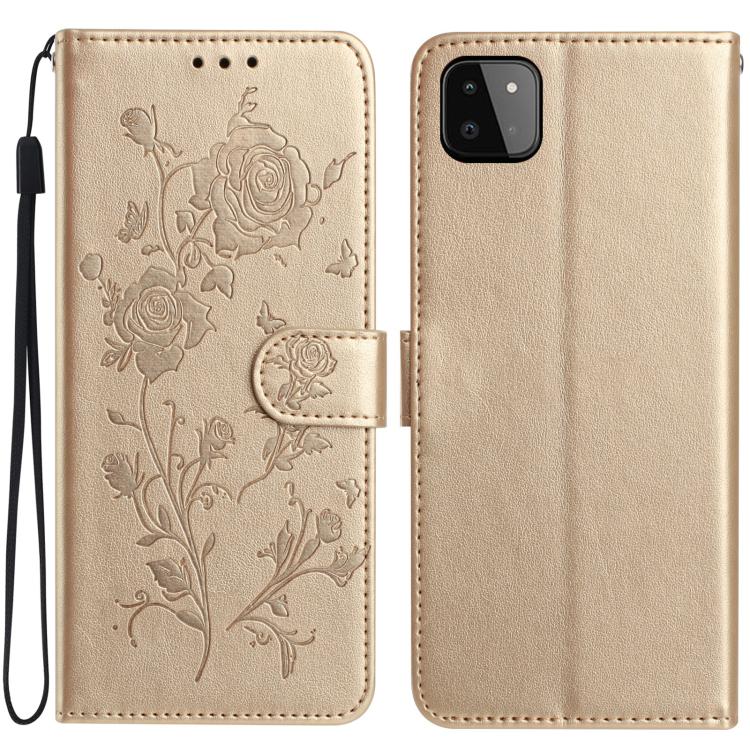 Funda de cuero con estampado floral en relieve para Samsung Galaxy A22 5G (dorada)
