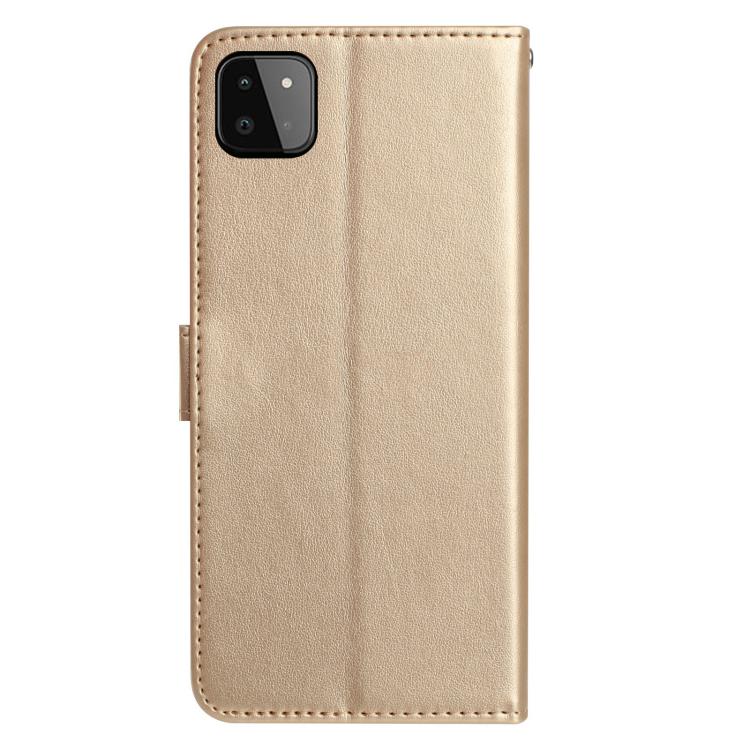 Funda de cuero con estampado floral en relieve para Samsung Galaxy A22 5G (dorada)