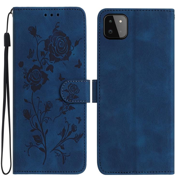 Funda de piel con estampado floral en relieve para Samsung Galaxy A22 5G (azul oscuro)