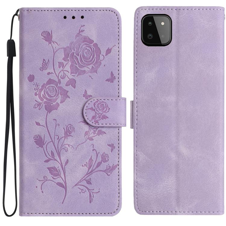 Funda de piel con estampado floral en relieve para Samsung Galaxy A22 5G (morado claro)