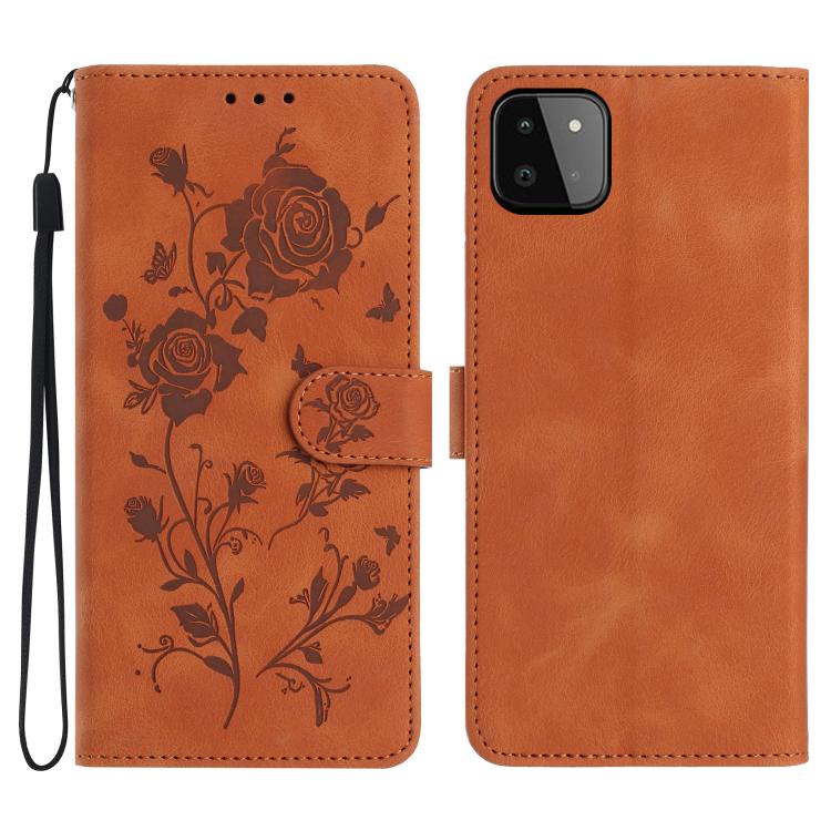Funda de cuero con estampado de rosas en relieve para Samsung Galaxy A22 5G (marrón)