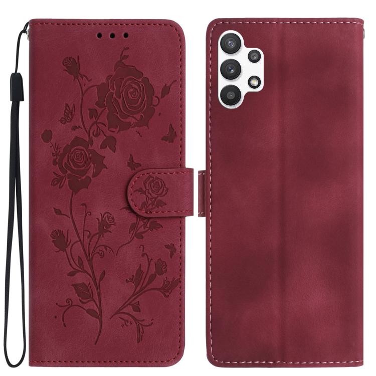 Funda de piel con estampado de rosas en relieve para Samsung Galaxy A32 (roja)