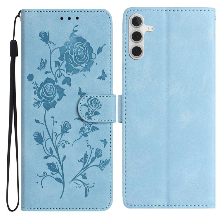 Funda de cuero con estampado floral en relieve para Samsung Galaxy A35 (azul cielo)