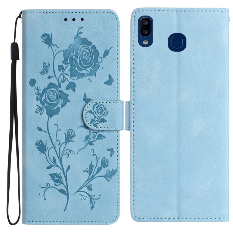 Funda de piel con estampado de rosas en relieve para Samsung Galaxy A40 (azul cielo)