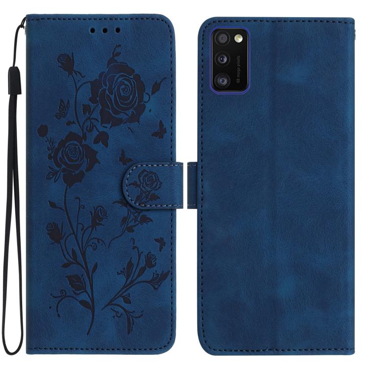 Funda de piel con estampado de rosas en relieve para Samsung Galaxy A41 (azul oscuro)