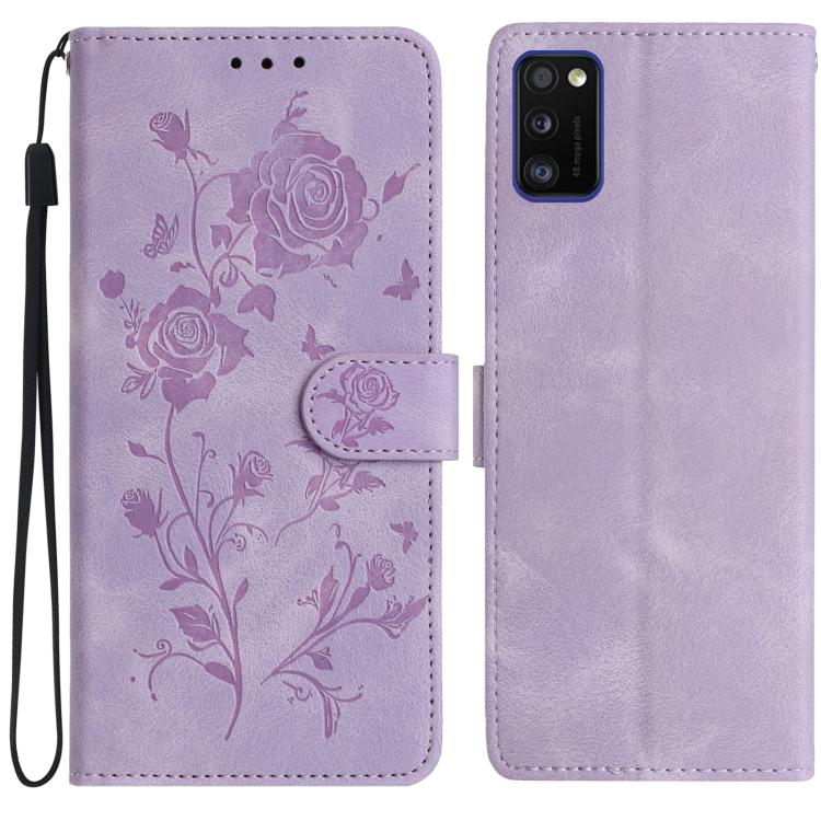 Funda de piel con estampado de rosas en relieve para Samsung Galaxy A41 (morado claro)