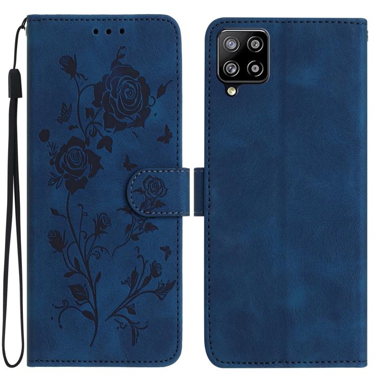 Funda de piel con estampado floral en relieve para Samsung Galaxy A42 (azul oscuro)
