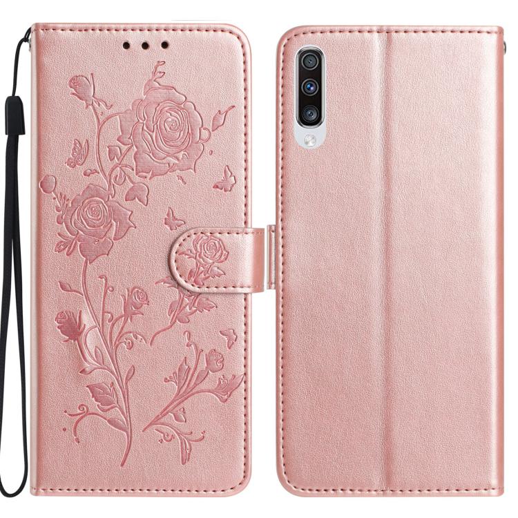 Funda de cuero con estampado floral en relieve para Samsung Galaxy A50 (oro rosa)