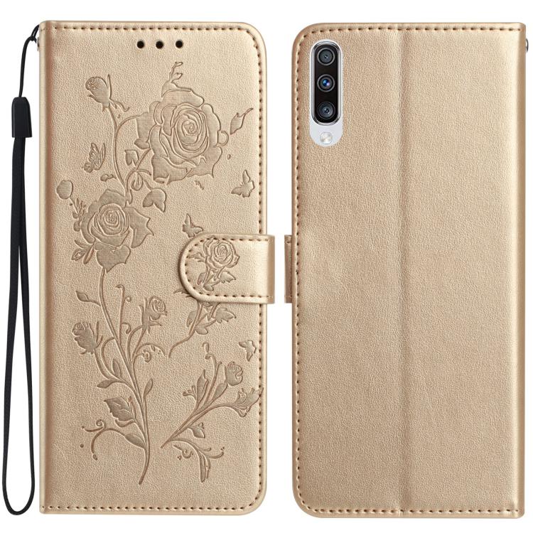 Funda de cuero con estampado de rosas en relieve para Samsung Galaxy A50 (dorada)