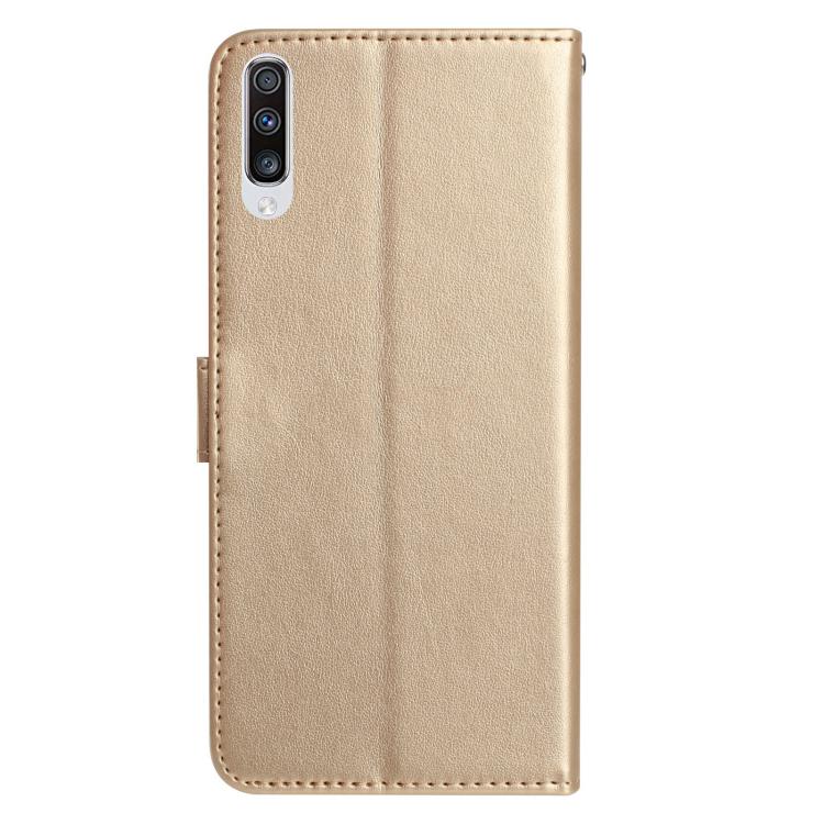 Funda de cuero con estampado de rosas en relieve para Samsung Galaxy A50 (dorada)