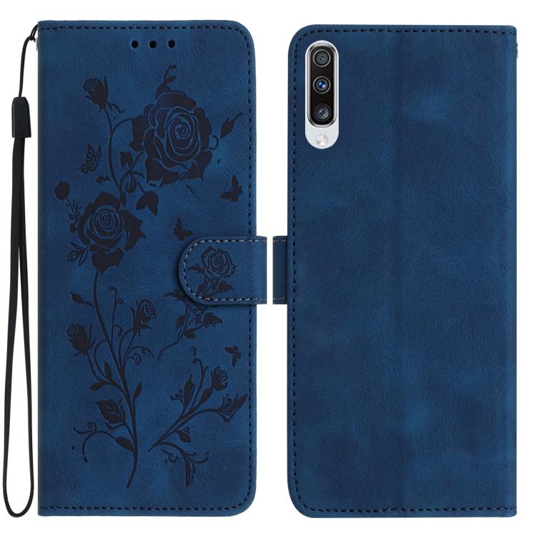 Funda de cuero con estampado de rosas en relieve para Samsung Galaxy A50 (azul oscuro)
