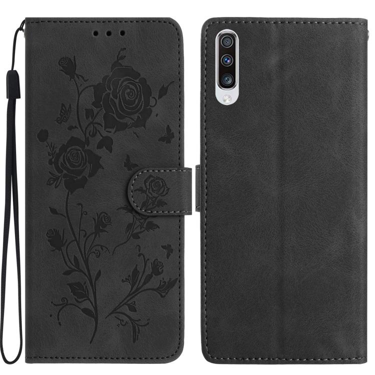 Funda de cuero con estampado de rosas en relieve para Samsung Galaxy A50 (negra)