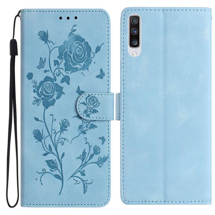 Funda de piel con estampado floral en relieve para Samsung Galaxy A50 (azul cielo)