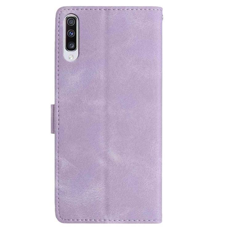 Funda de cuero con estampado de rosas en relieve para Samsung Galaxy A50 (morado claro)