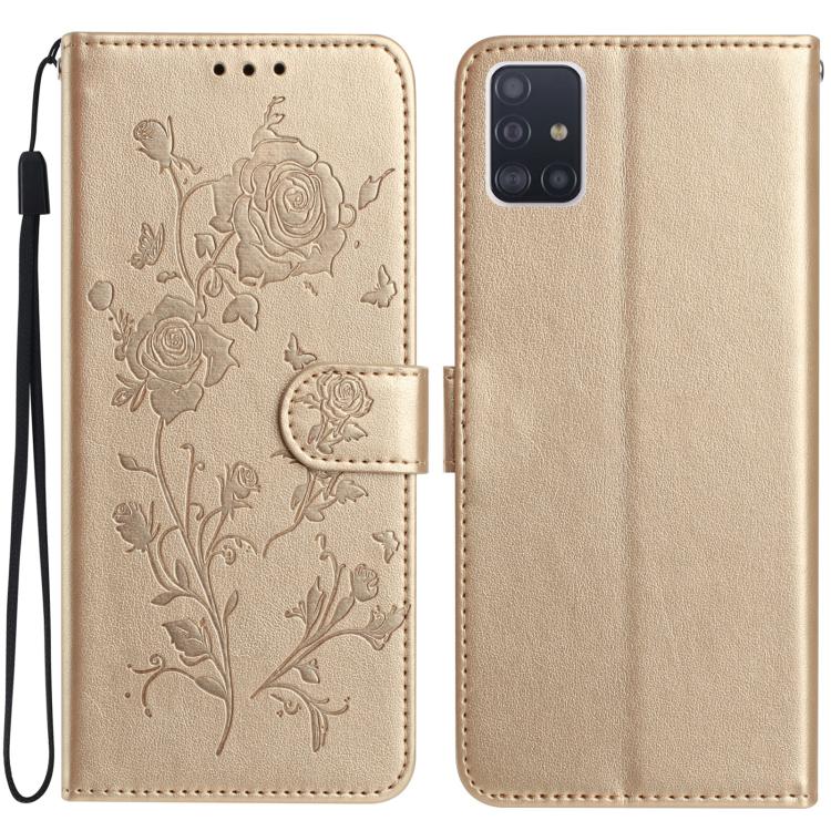 Funda de piel con estampado de rosas en relieve para Samsung Galaxy A51 (dorada)