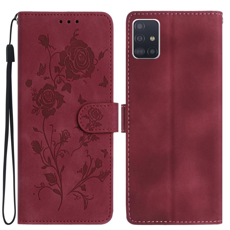 Funda de piel con estampado floral en relieve para Samsung Galaxy A51 (roja)