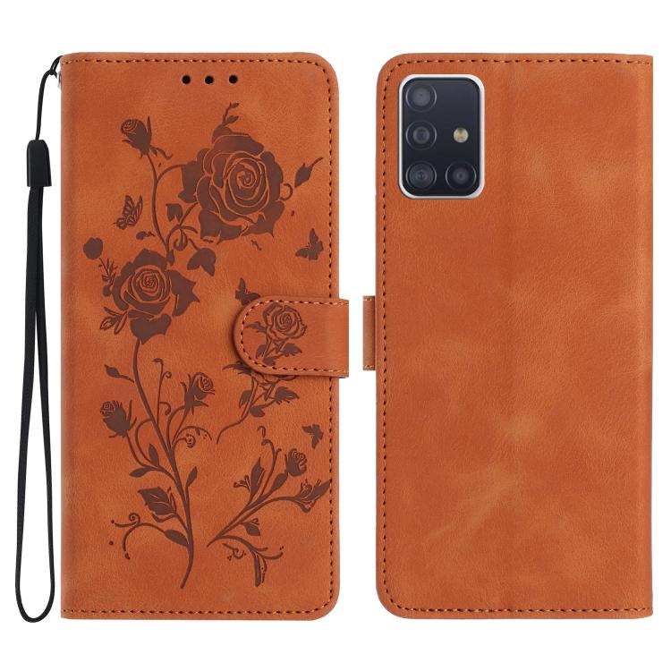 Funda de piel con estampado de rosas en relieve para Samsung Galaxy A51 (marrón)