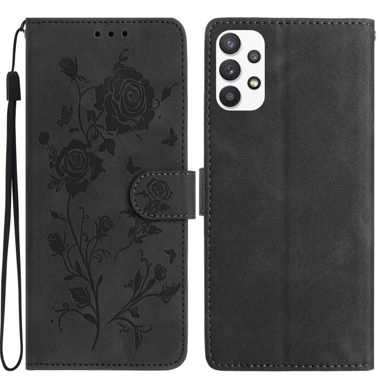 Funda de cuero con estampado de rosas en relieve para Samsung Galaxy A53 (negra)
