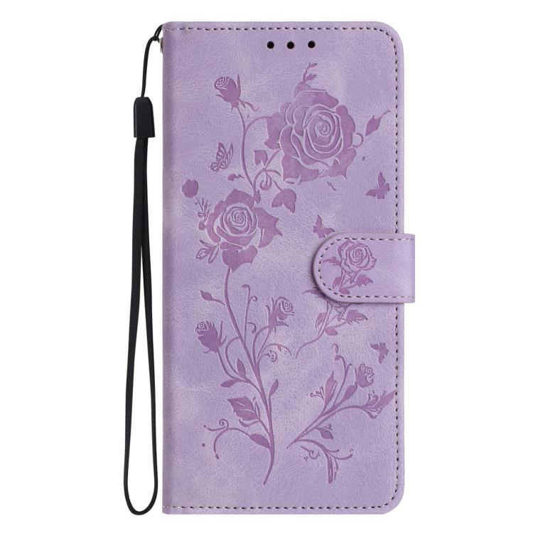 Funda de cuero con estampado de rosas en relieve para Samsung Galaxy A53 (morado claro)