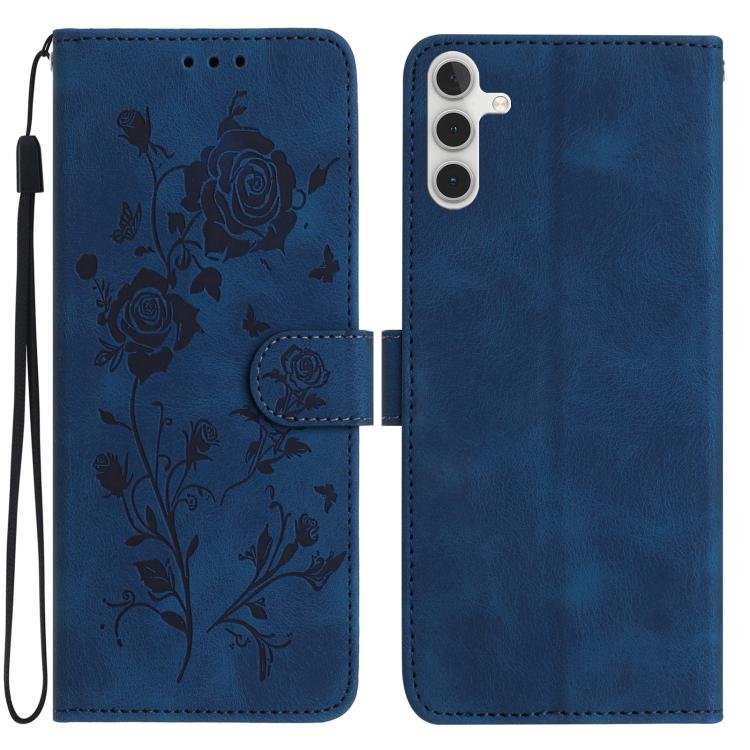 Funda de cuero con estampado floral en relieve para Samsung Galaxy A54 (azul oscuro)