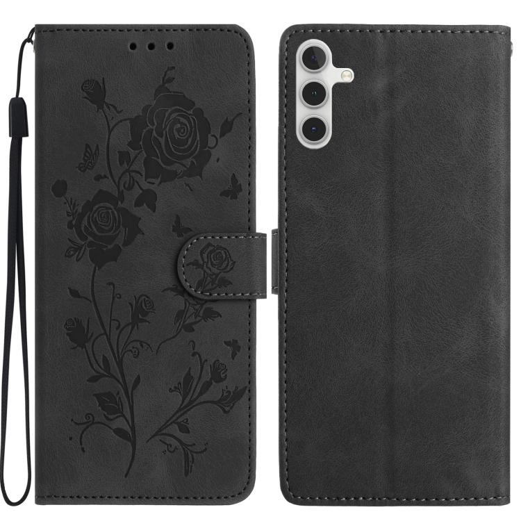Funda de cuero con estampado de rosas en relieve para Samsung Galaxy A54 (negra)