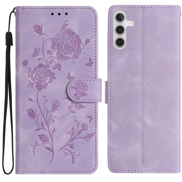 Funda de cuero con estampado de rosas en relieve para Samsung Galaxy A54 (morado claro)