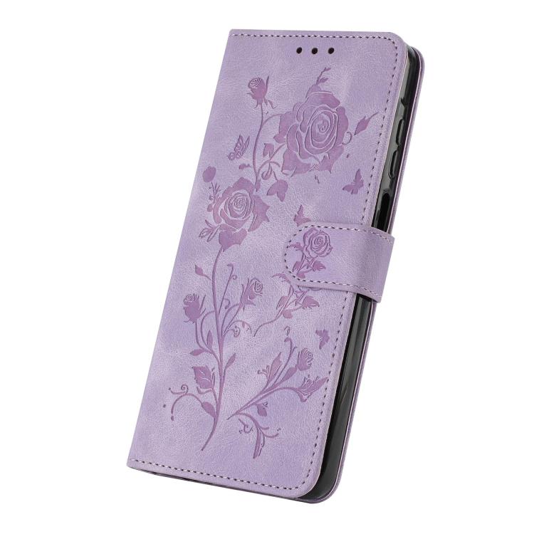 Funda de cuero con estampado de rosas en relieve para Samsung Galaxy A54 (morado claro)