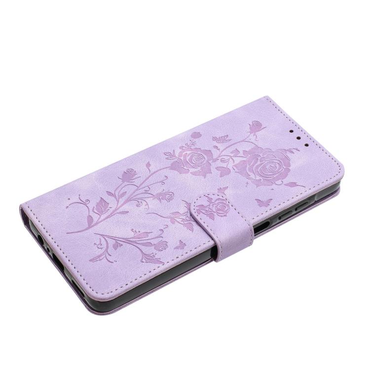 Funda de cuero con estampado de rosas en relieve para Samsung Galaxy A54 (morado claro)
