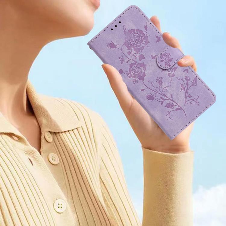 Funda de cuero con estampado de rosas en relieve para Samsung Galaxy A54 (morado claro)