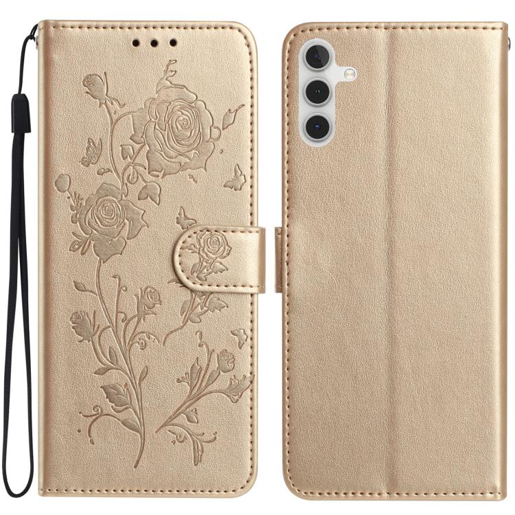 Funda de cuero con estampado de rosas en relieve para Samsung Galaxy A56 (dorada)