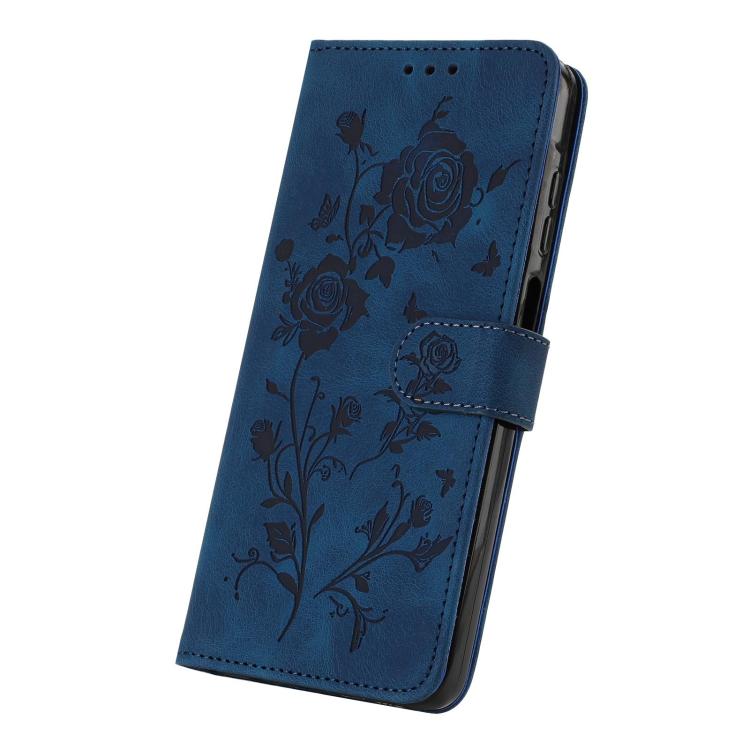Funda de cuero con estampado floral en relieve para Samsung Galaxy A56 (azul oscuro)