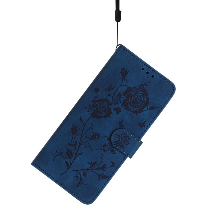 Funda de cuero con estampado floral en relieve para Samsung Galaxy A56 (azul oscuro)