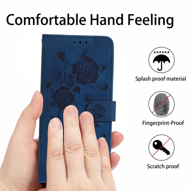 Funda de cuero con estampado floral en relieve para Samsung Galaxy A56 (azul oscuro)
