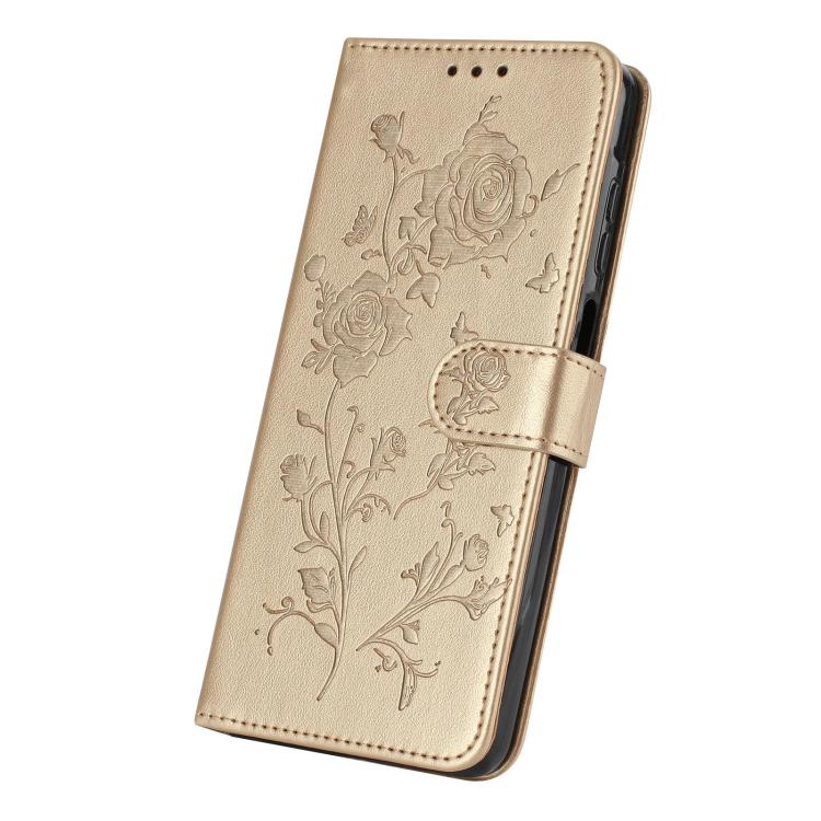 Funda de cuero con estampado de rosas en relieve para Samsung Galaxy A73 (dorada)