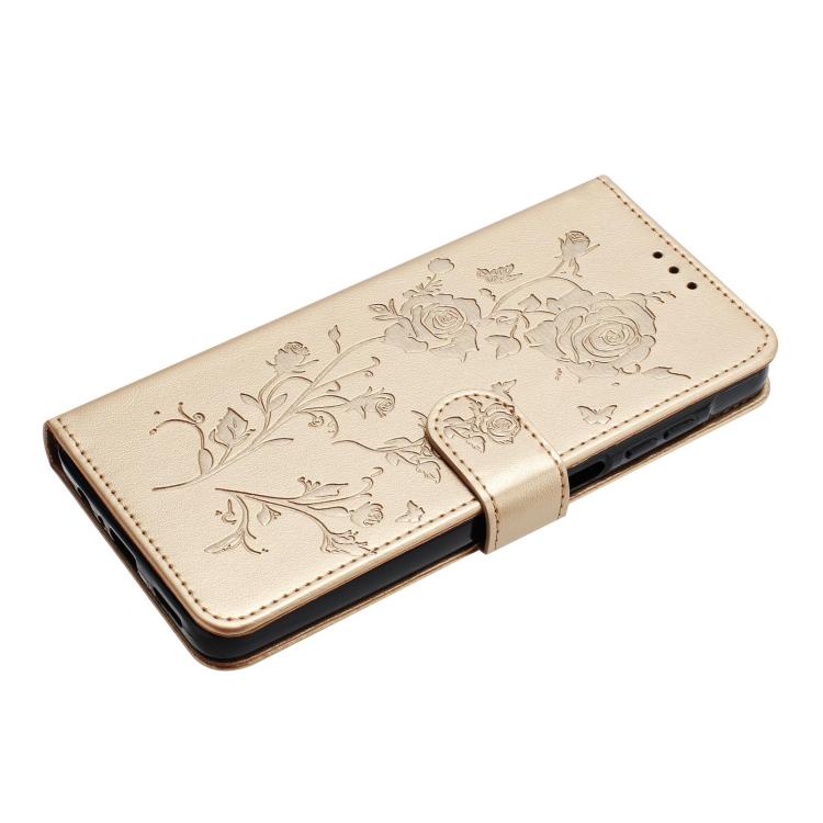 Funda de cuero con estampado de rosas en relieve para Samsung Galaxy A73 (dorada)