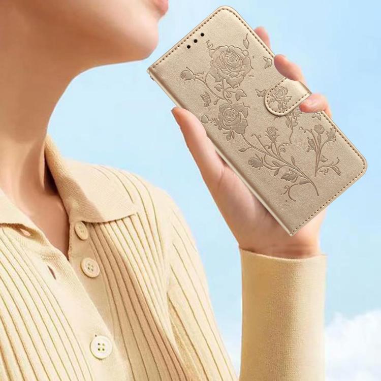 Funda de cuero con estampado de rosas en relieve para Samsung Galaxy A73 (dorada)