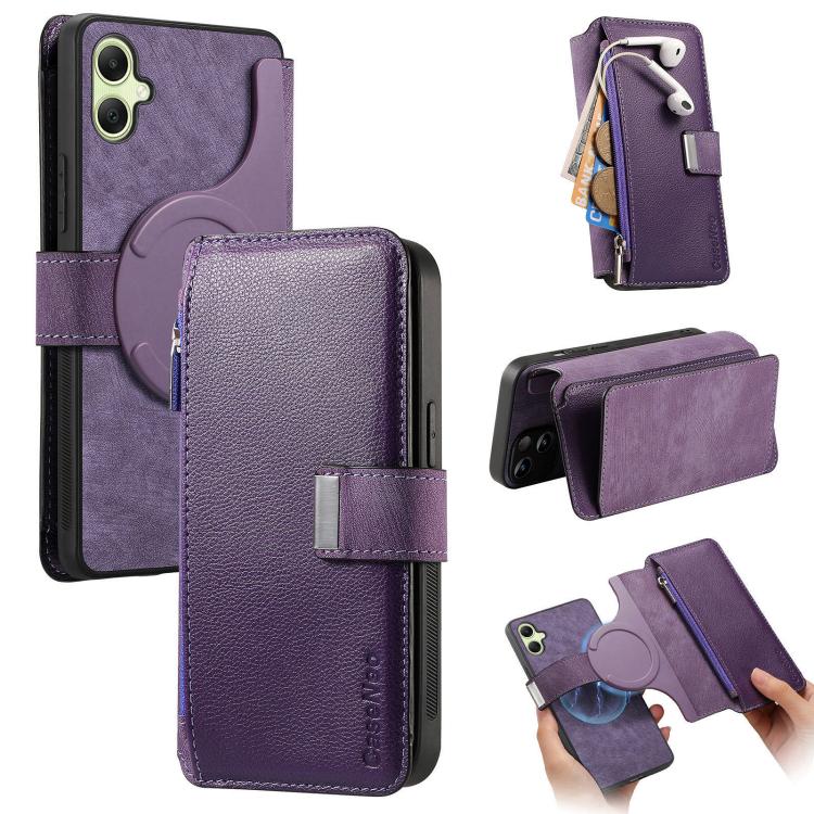 Funda Neo MagSafe RFID antirrobo con cremallera para Samsung Galaxy A06, de cuero estilo retro (morado)